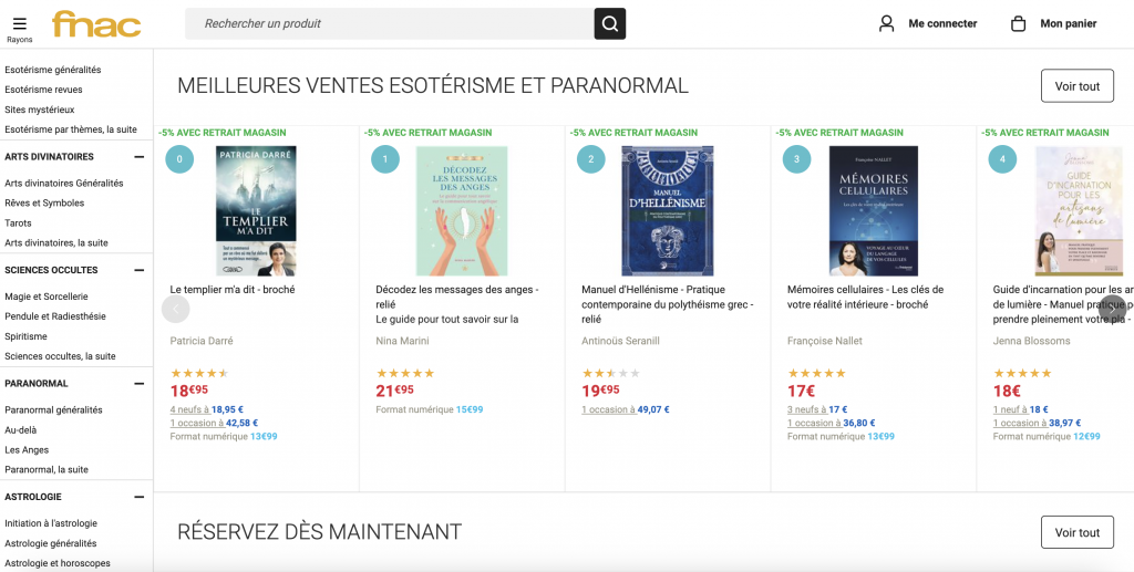 capture d'écran des meilleures ventes de livres sur l'ésotérisme et le paranormal de la Fnac, dans lequel le livre Nina "Décodez les messages des Anges" est classé numéro 2