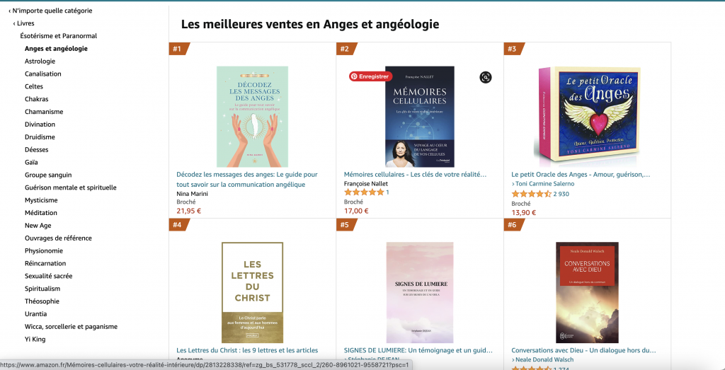 Capture d'écran du livre "Décodez les messages des Anges" de Nina sur le site d'Amazon, classé numéro 1 dans la Catégorie Anges et Angélologie